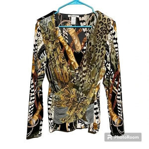 Elysee 26 Women's Artsy Layered Top Faux Wrap Western Animal Print Tiger Size M